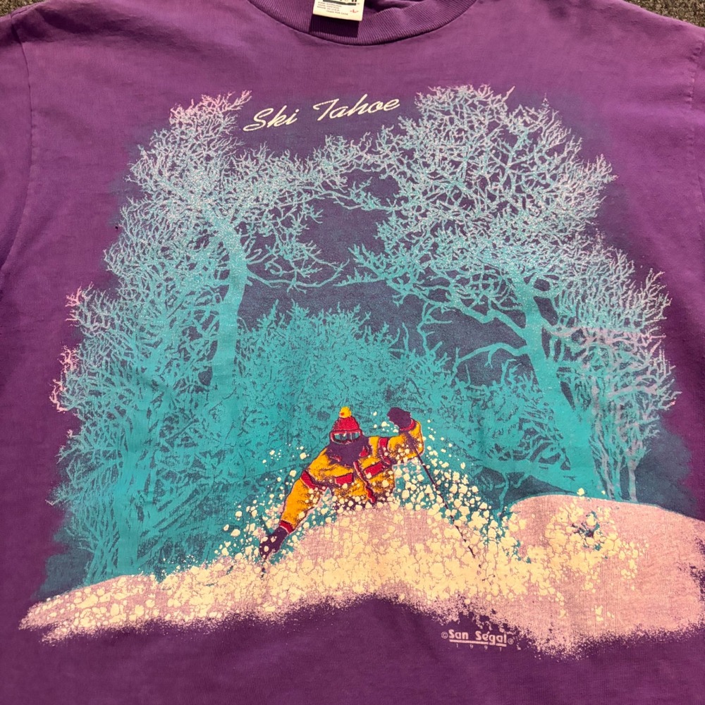 Vintage 1991 Ski Tahoe San Segal T Shirt Purple Mens Large Single Stitch USA - Picture 3 of 9